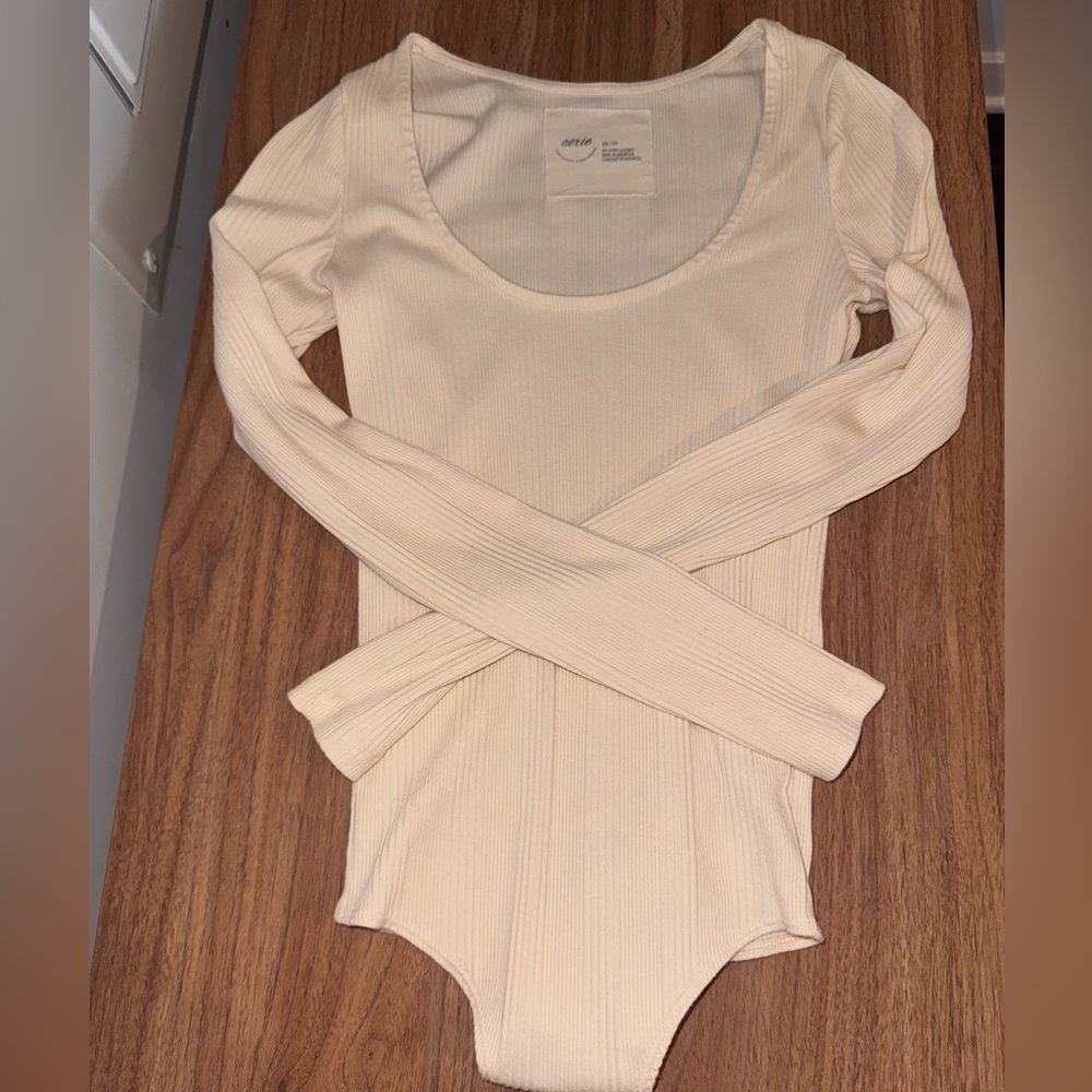 Aerie Cream Ribbed Long Sleeve Bodysuit